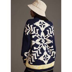 Anthropologie Maeve Blue Striped Aztec Fair Isle Zip Cardigan Sweater XS